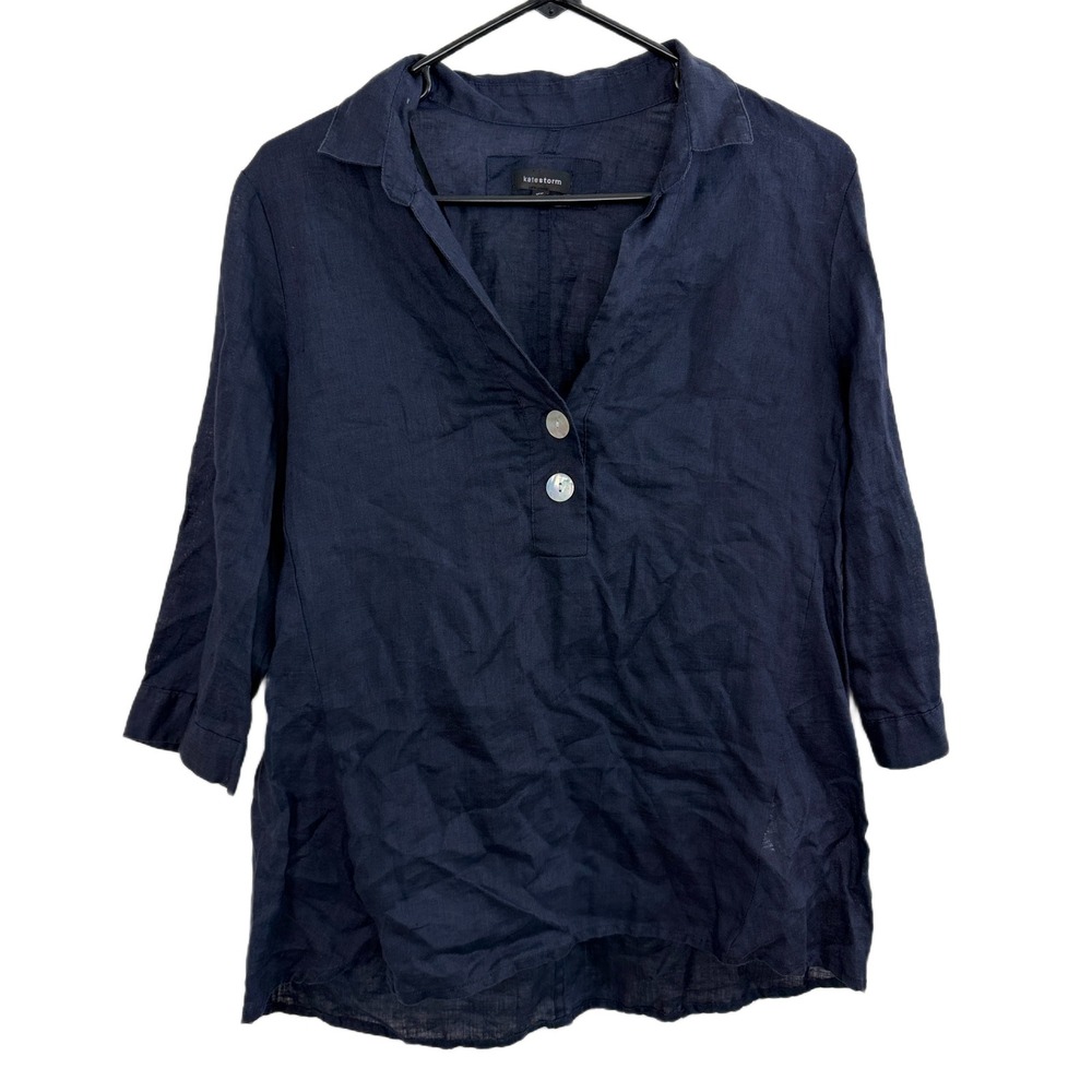 Katestorm Linen Top Womens Size 36 Blue Shirt Shell Button Up Resort Travel 3/4